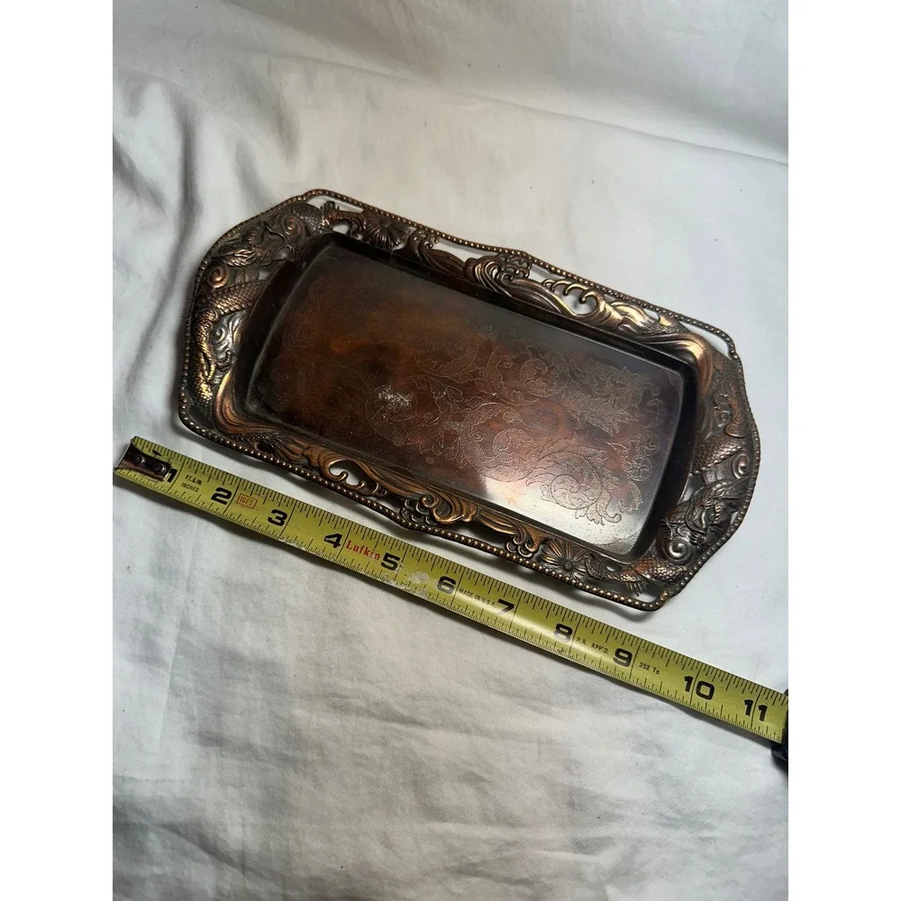 Vintage Dragon Metal Tray Copper Tone Good Ornate Embossed Chinoiserie 9.5in